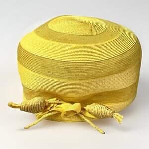 VTG 1950s Golden Straw Pillbox Hat with Ribbon Trim Fishmans Dept Store w/ Box